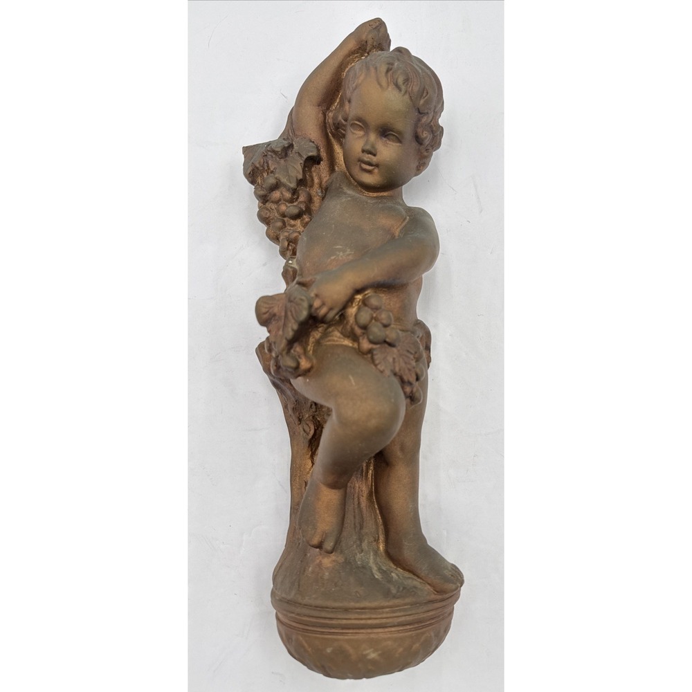Vintage Roman Boy Cherub & Grapes Plaster Chalk Art‎ Figurine Wall Decor 13.5"